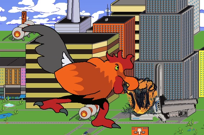 A big chicken monster destroying a city