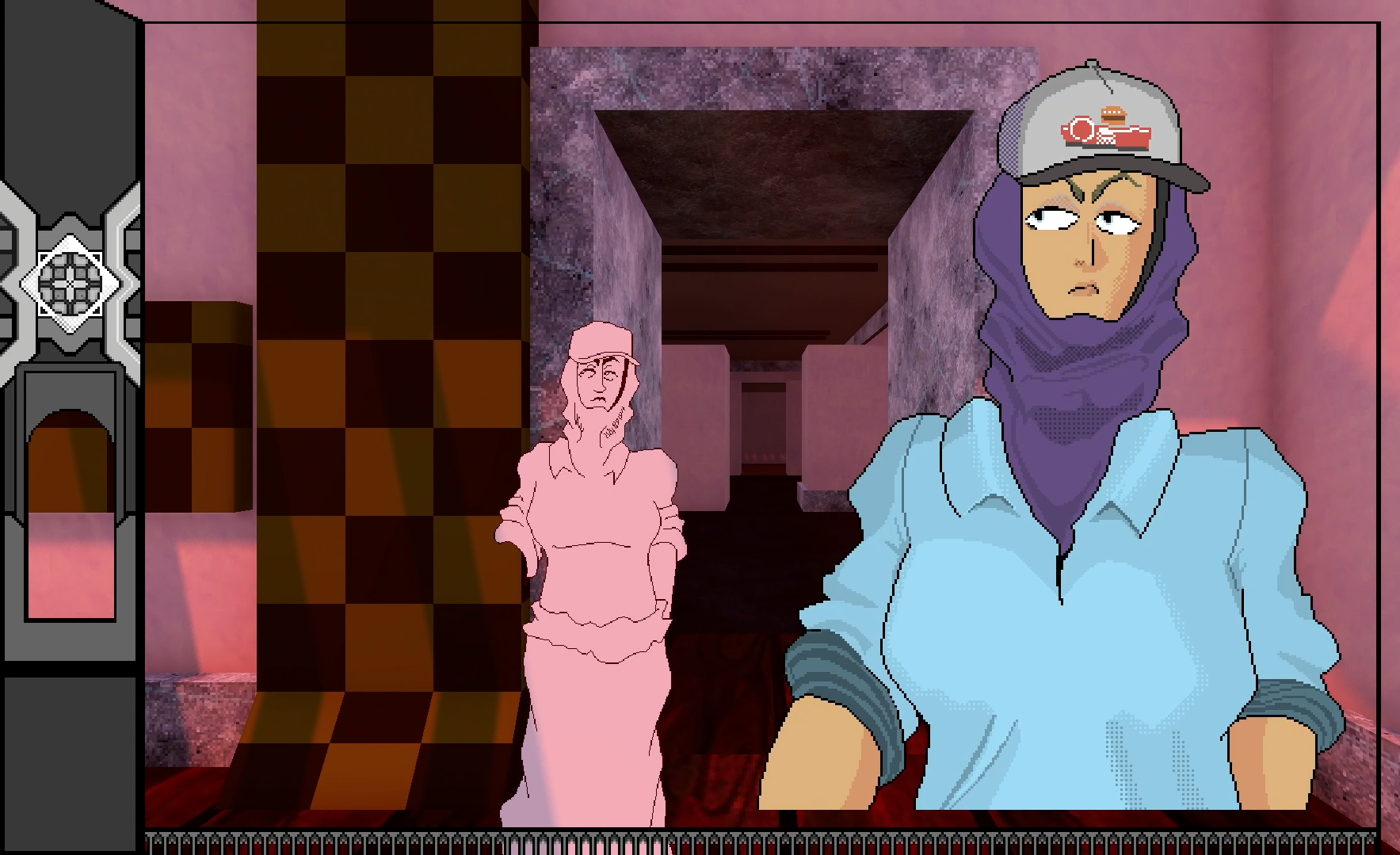 A blue collar worker standing in a strange museum.